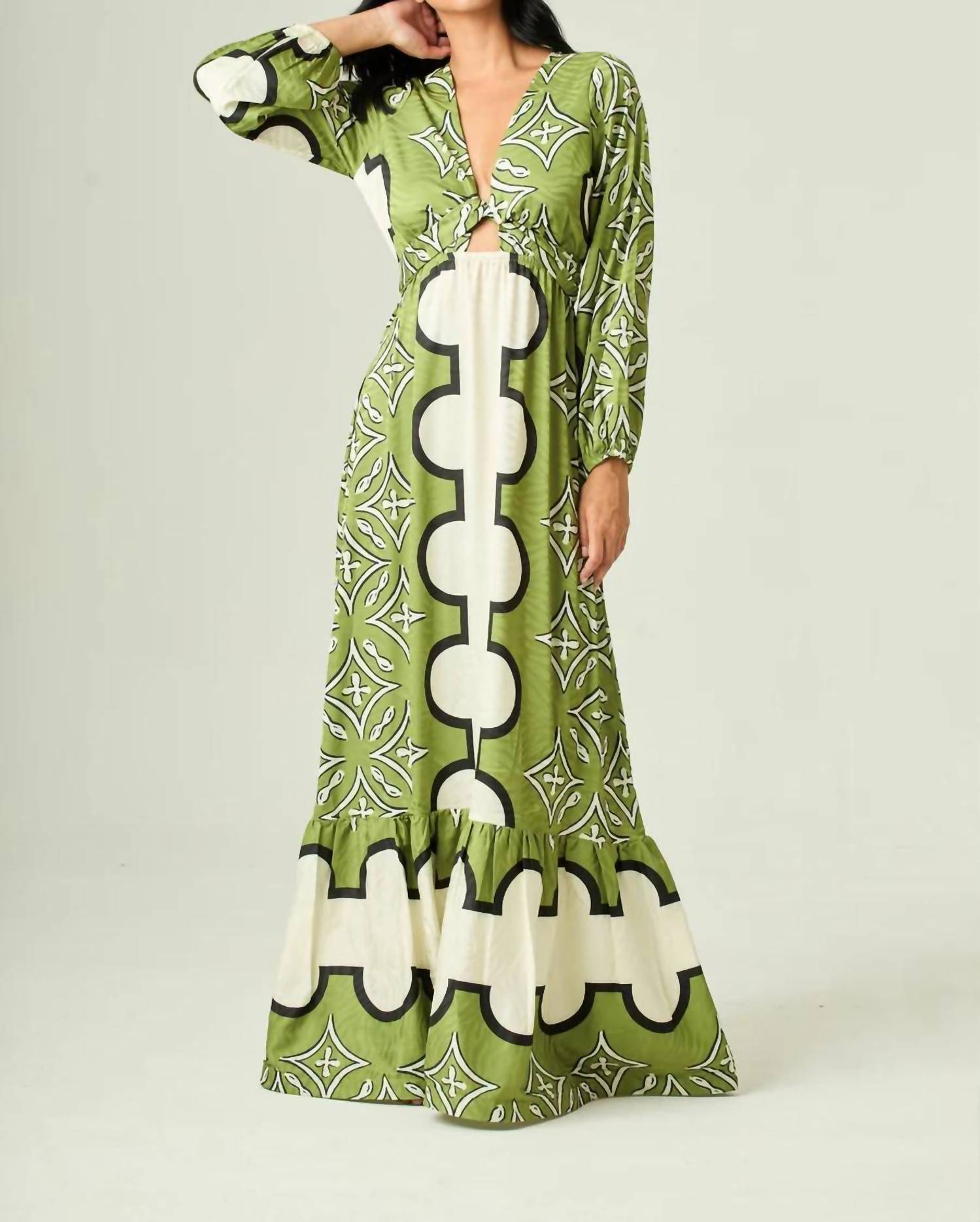 Eva Printed Maxi Dress In Green/ Ecru