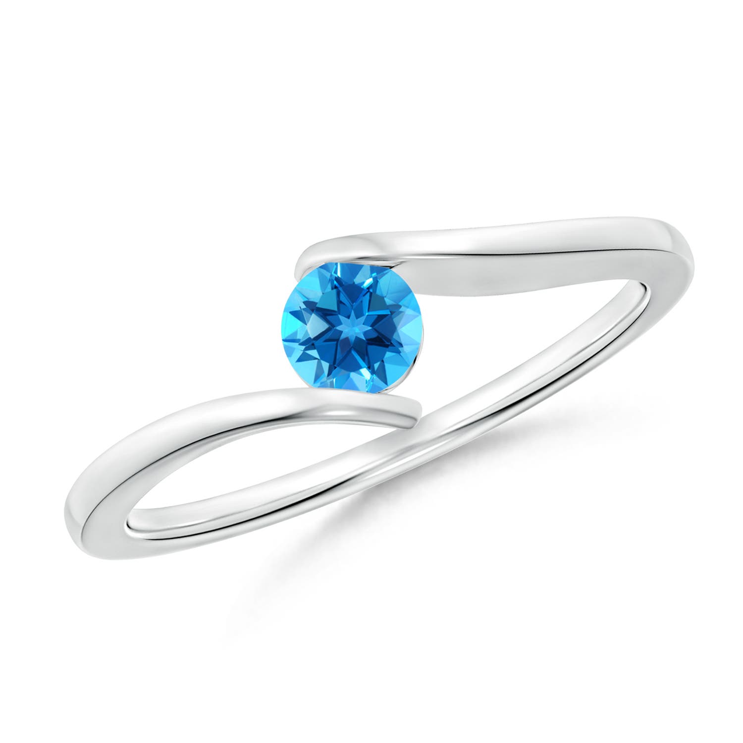 Angara 0.32 Carat Bar-Set Solitaire Round Swiss Blue Topaz Bypass Ring in Platinum