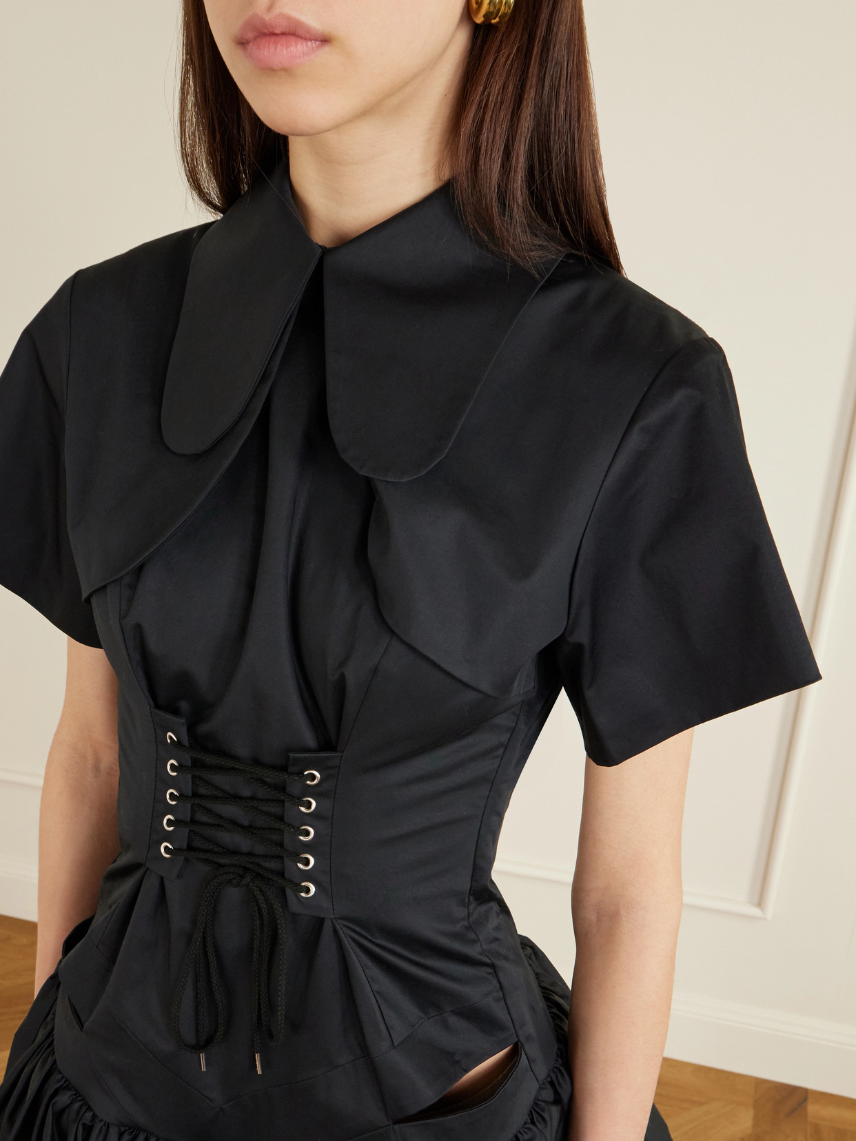 Open-back Pleated Cotton-poplin Mini Corset Dress - Black