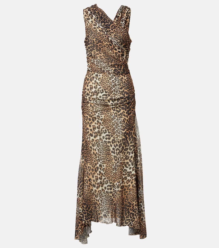 Ruched leopard-print mesh maxi dress