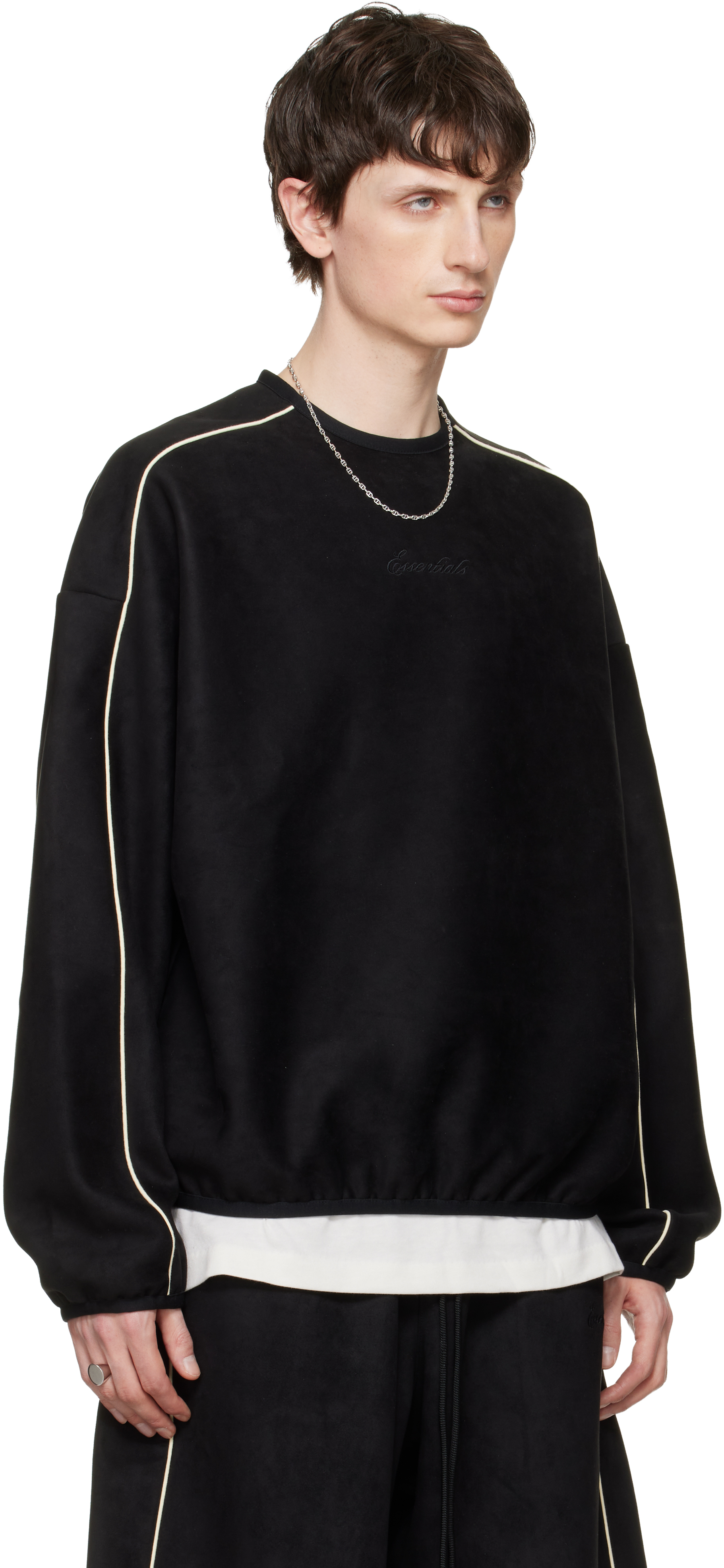 Black Signature Modern Crewneck Faux-Suede Sweatshirt