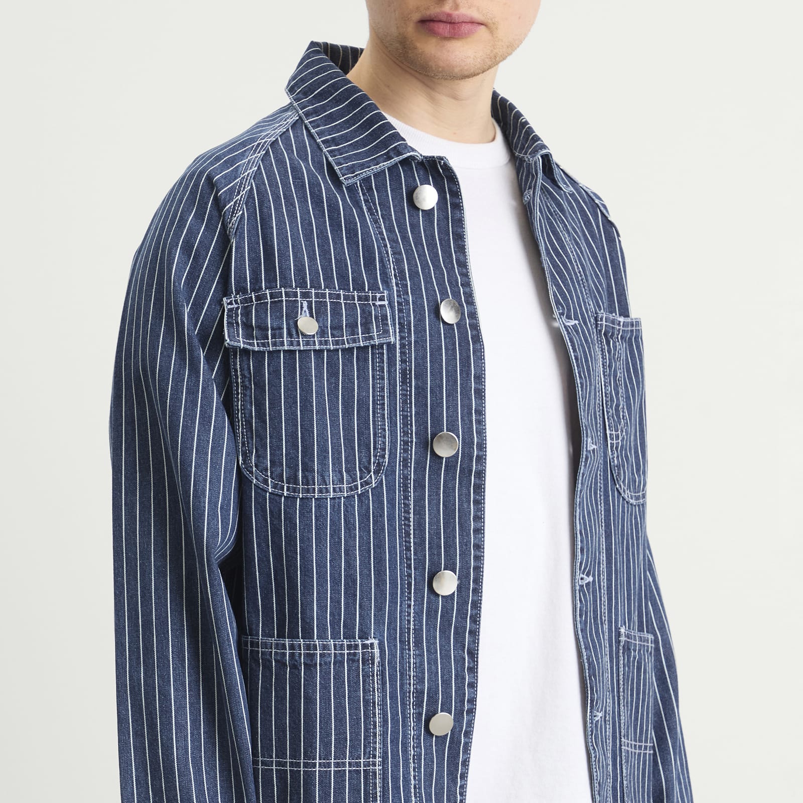 Men's Pinstripe Denim Coverall Jacket in Indigo