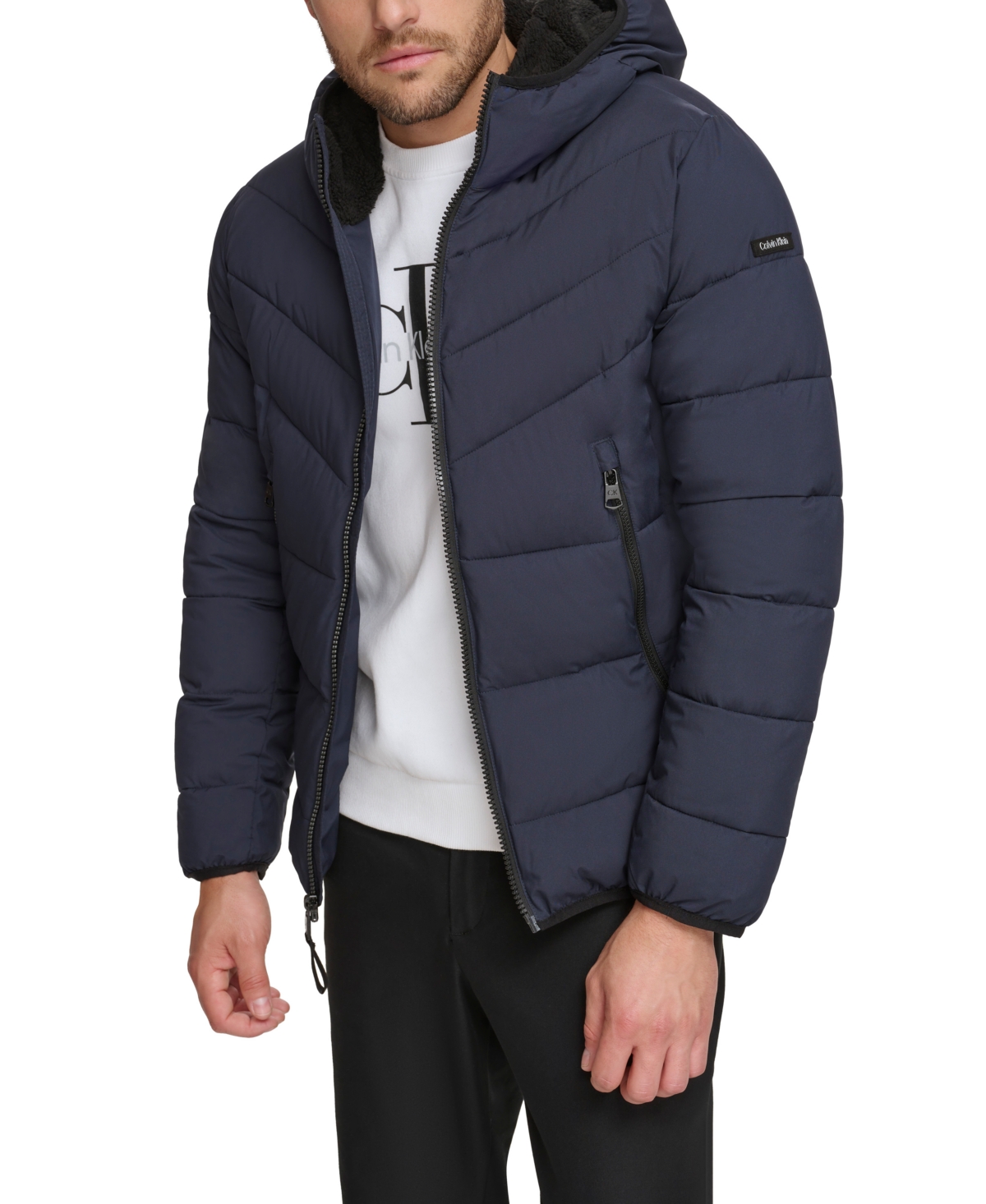 Men's Chevron Stretch Jacket With Sherpa Lined Hood - True Navy