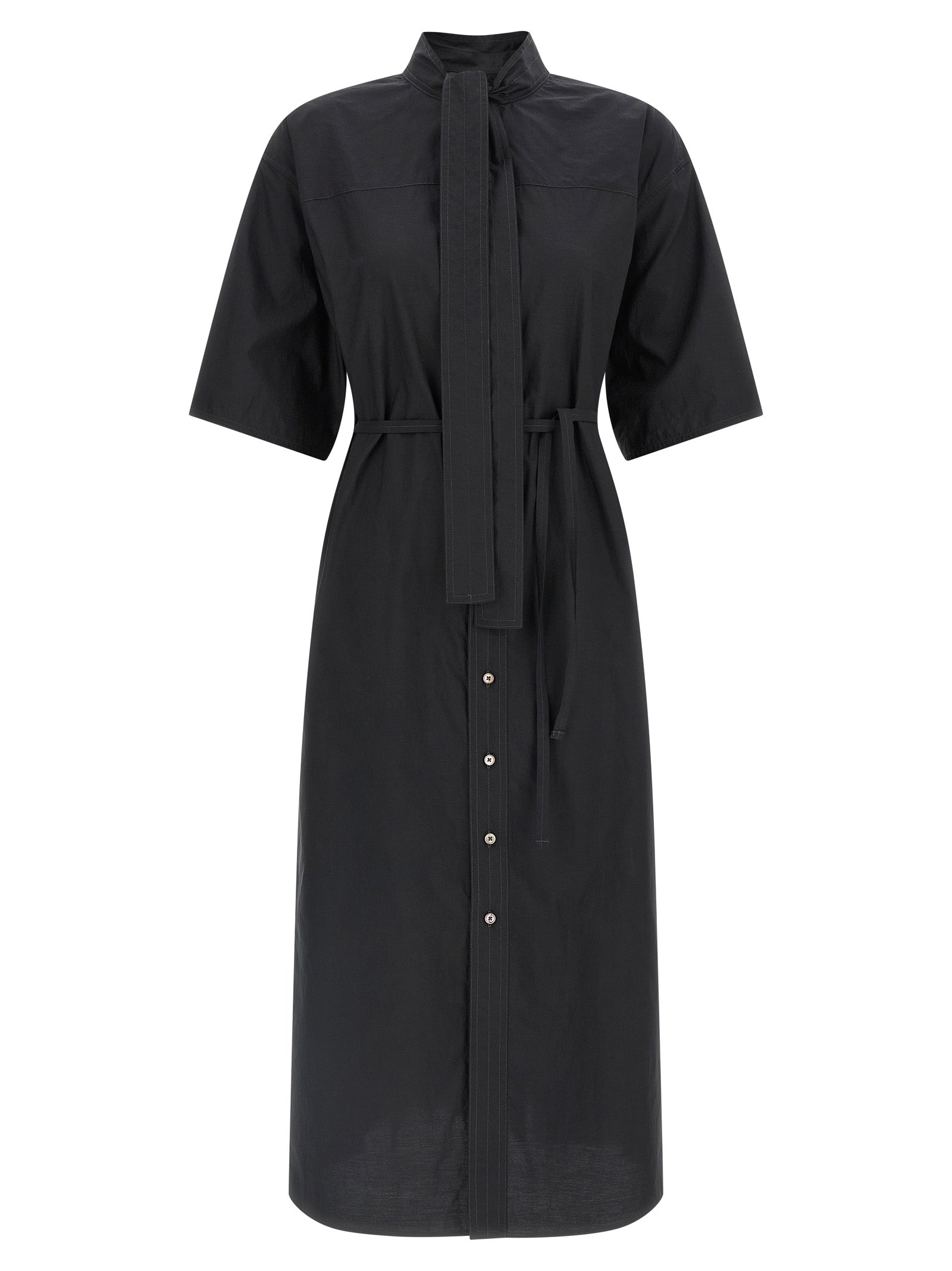 Cotton-Silk Midi with Lavallière Collar Dress — Black