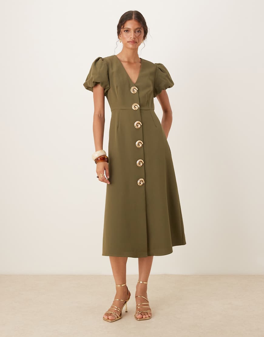Embellished button midi dress in deep olive-Green