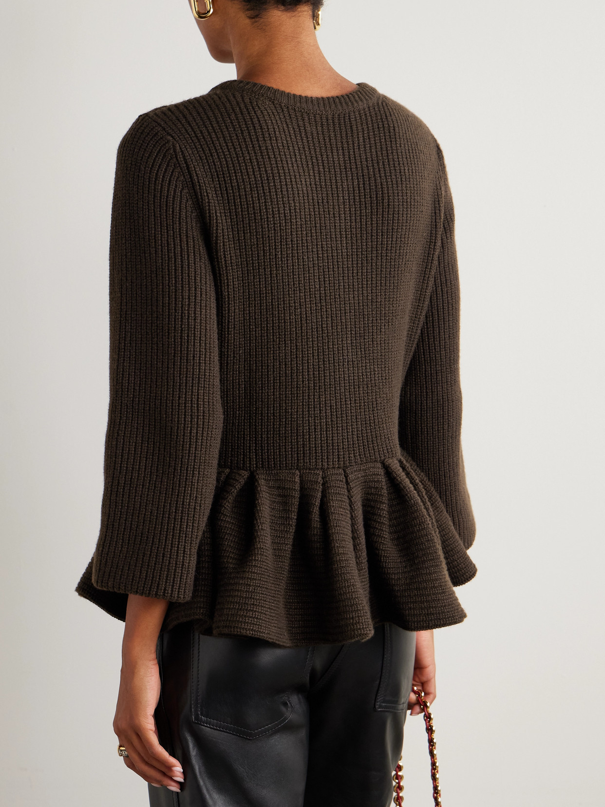 Ruffled Cashmere Peplum Cardigan - Brown
