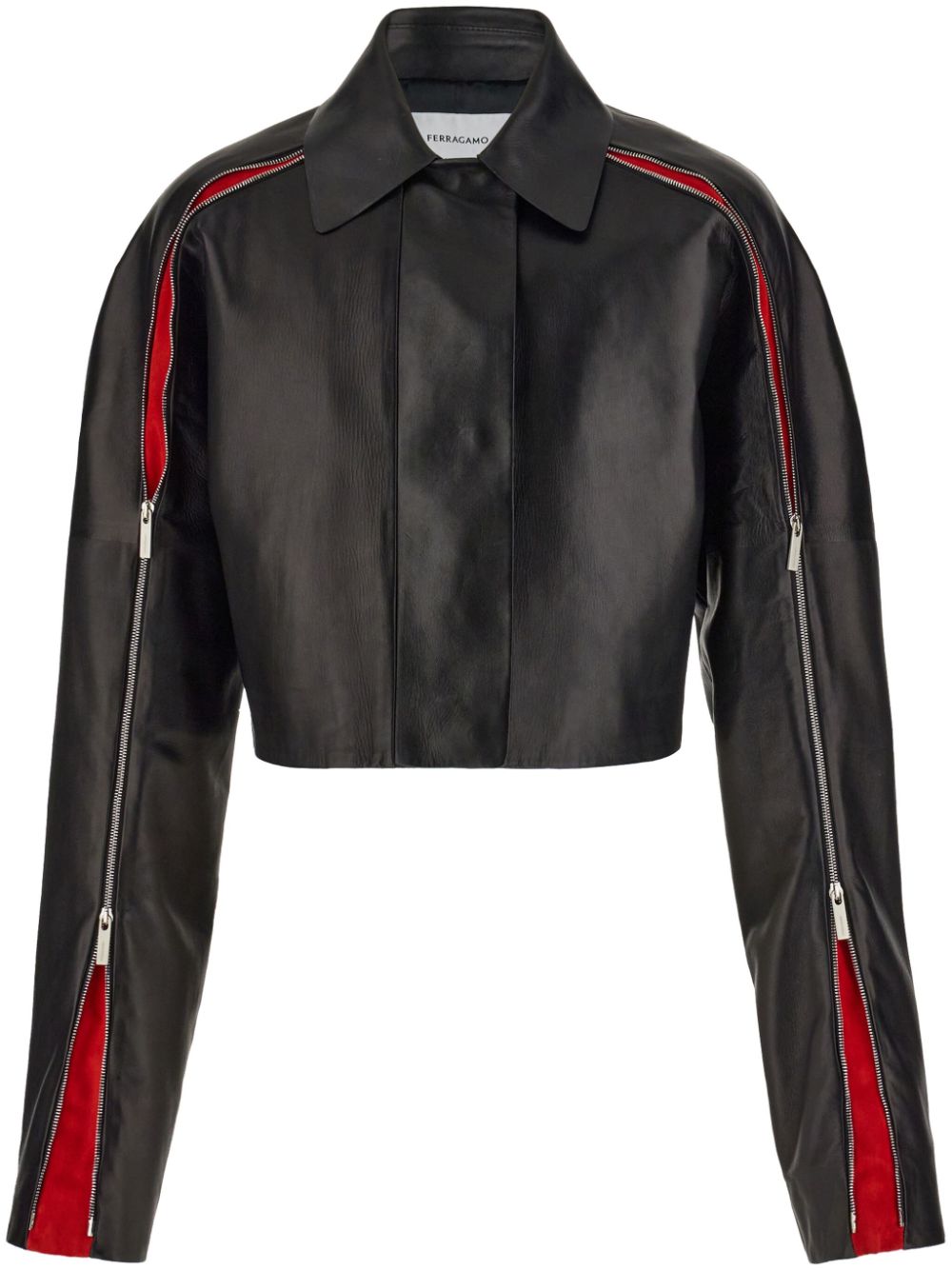 Zip-detail leather cropped jacket - Black