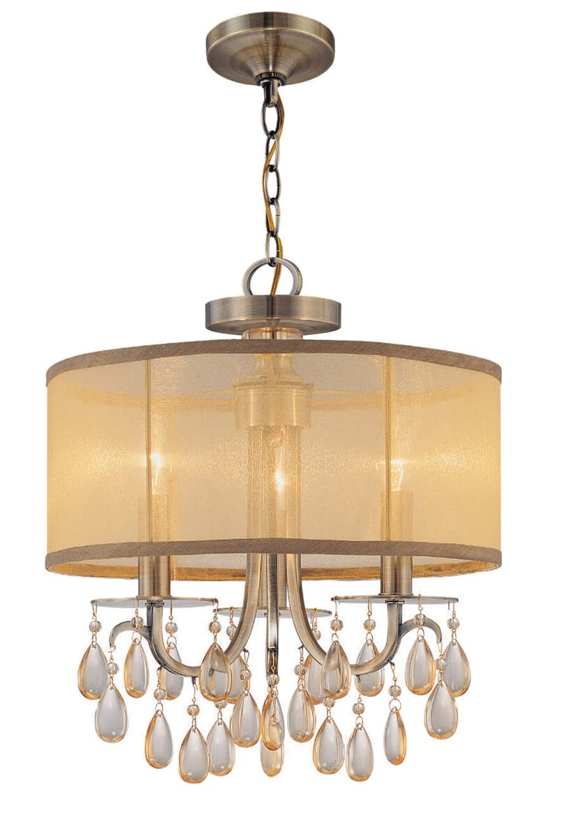 Hampton 3-Light 17" Mini Chandelier in Antique Brass with Etruscan Teardrop Almond Crysta