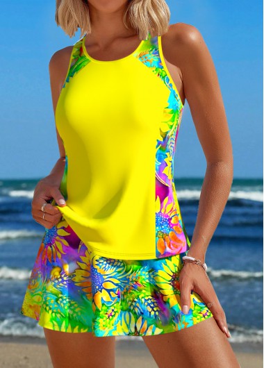 Modlily Patchwork Sunflower Print Yellow Tankini Set