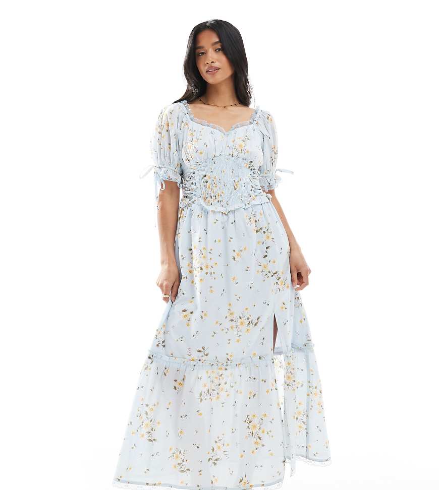 Miss Selfridge Petite printed milkmaid maxi dress in ditsy floral-pink