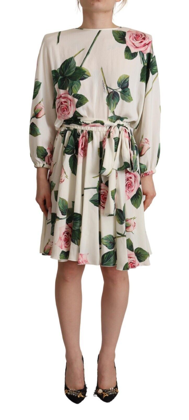 Rose-Print Silk Dress — White