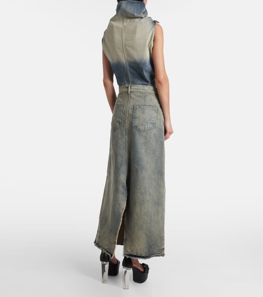 Distressed denim maxi skirt