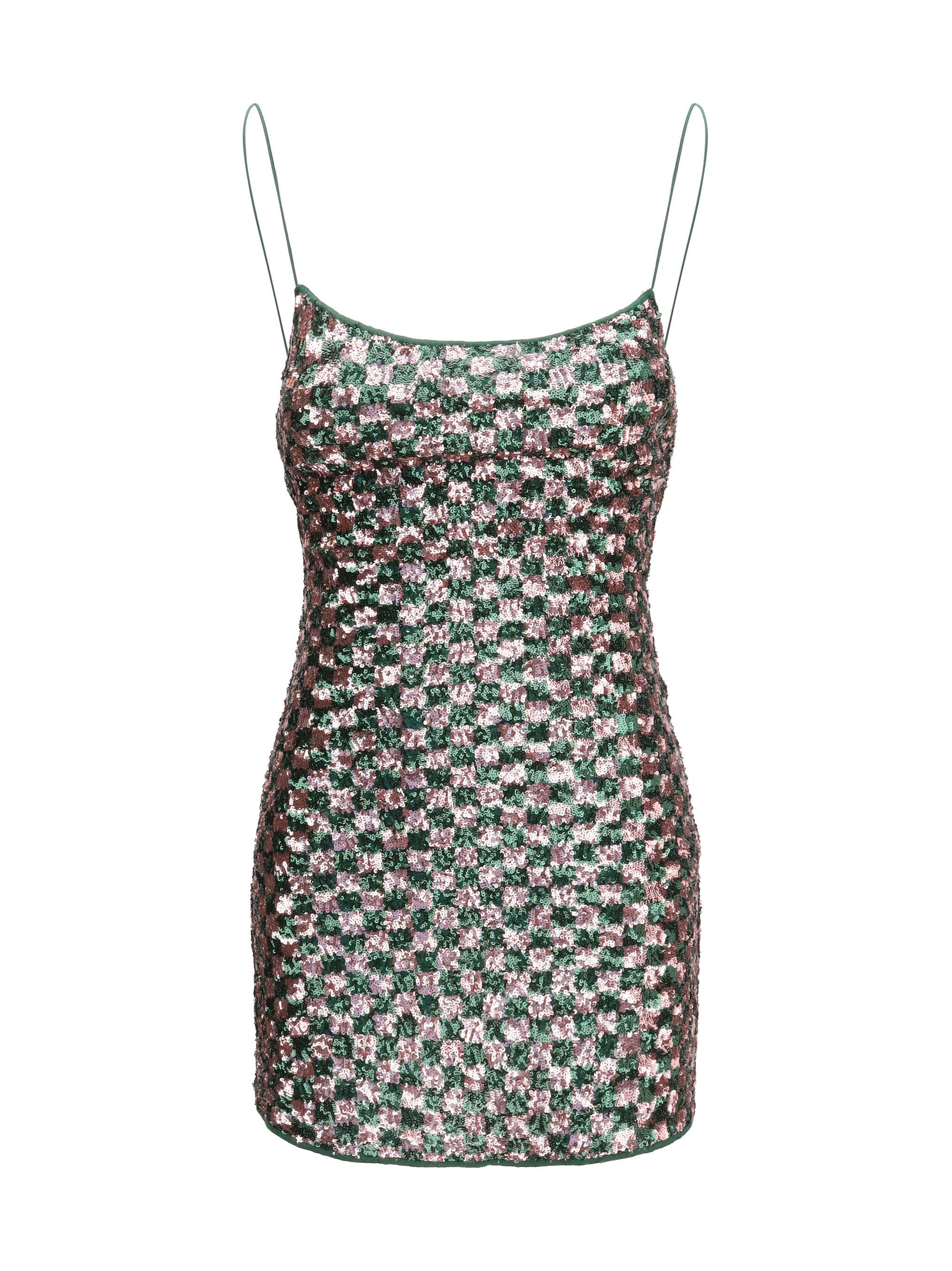 Sequin Chess-Effect Mini Dress — Green