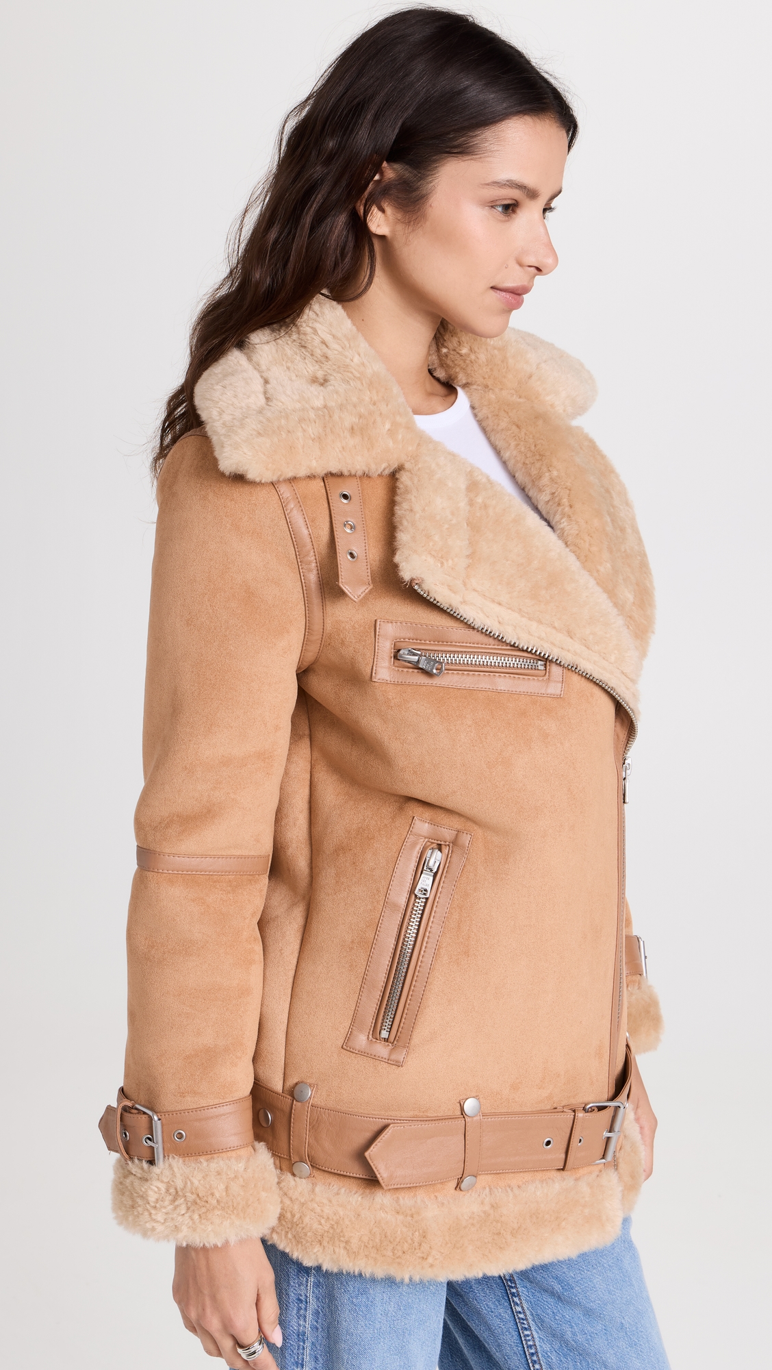 Bonded Faux Shearling Biker Jacket Toffee