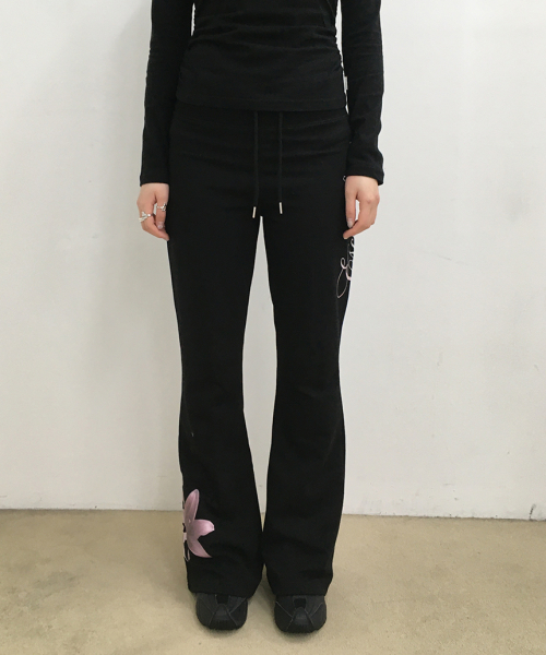 Flower Lettering Print Bootcut Sweatpants Black