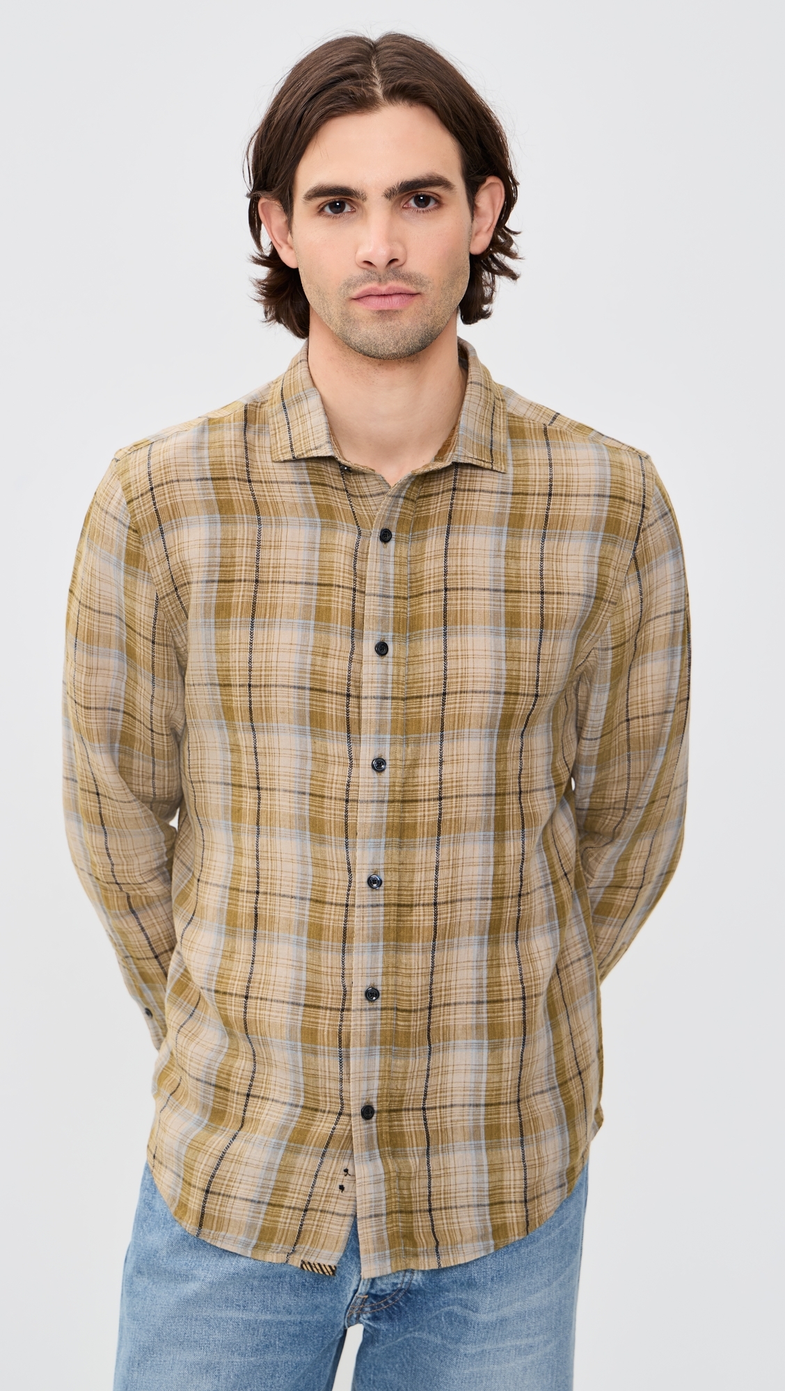 Dobby Plaid Linen Cedar Button Down Shirt Olive