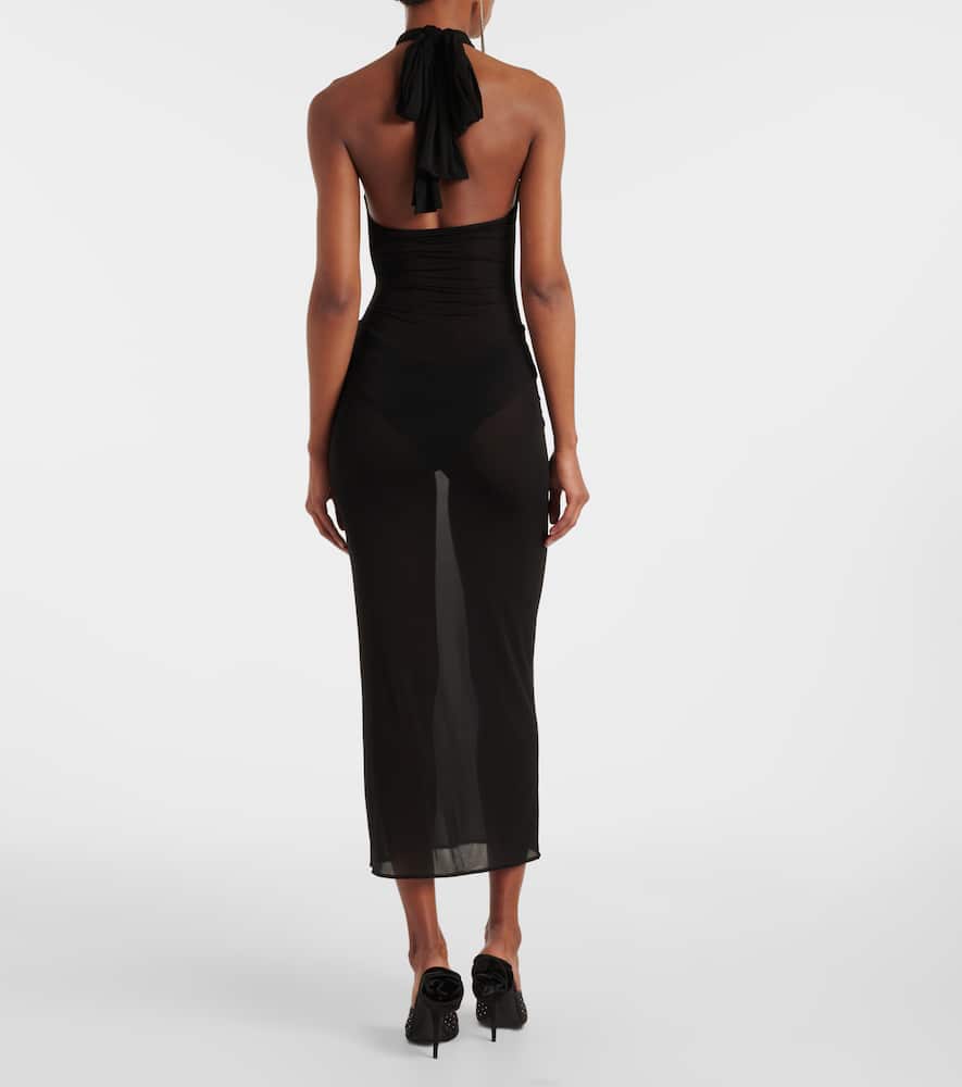 Floral-appliqué sheer cocktail dress