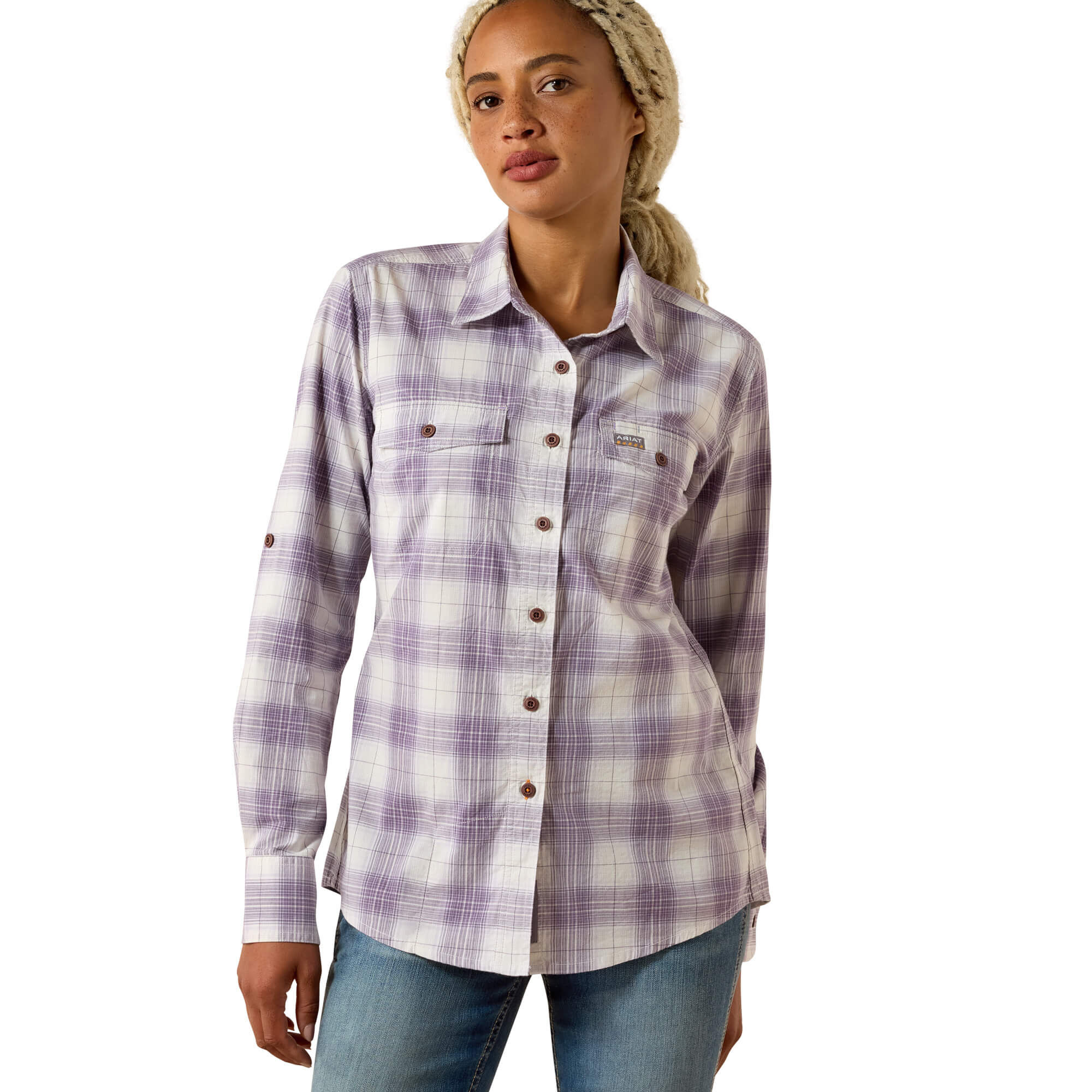 Women's Rebar Made Tough DuraStretch Work Shirt Long Sleeve in Thistle Cotton, Size Large, by