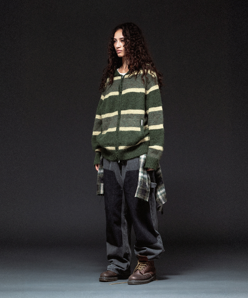 STRIPE KNIT HOODIE ZIP-UP KHAKI