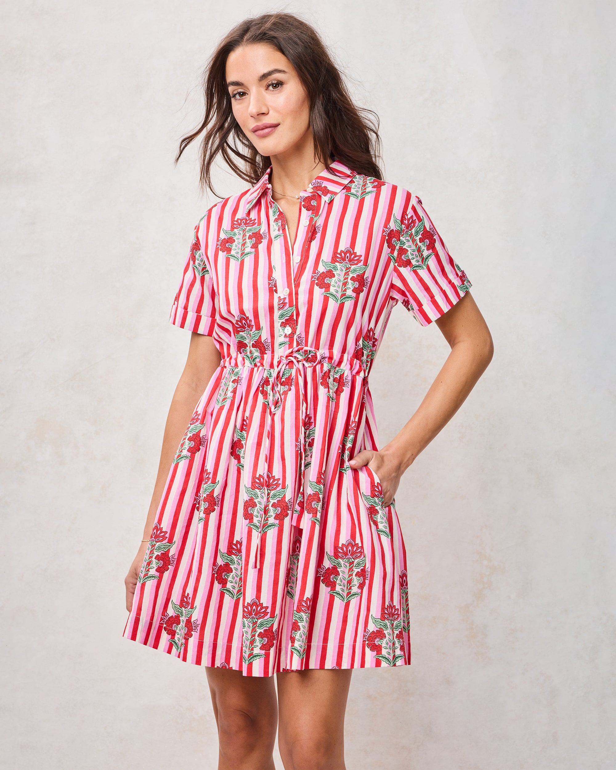 Cotton Short-Sleeve Mini Dress in Carnation Stripes | Women's XXS | Pink Spring