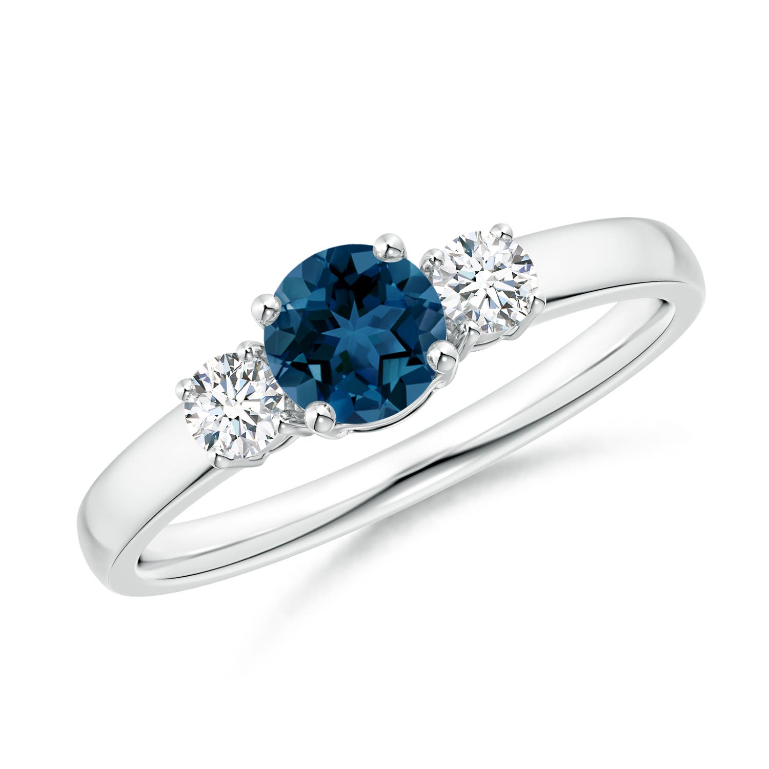 Angara 0.6 Carat Classic Round London Blue Topaz and Diamond Three Stone Engagement Ring in Silver