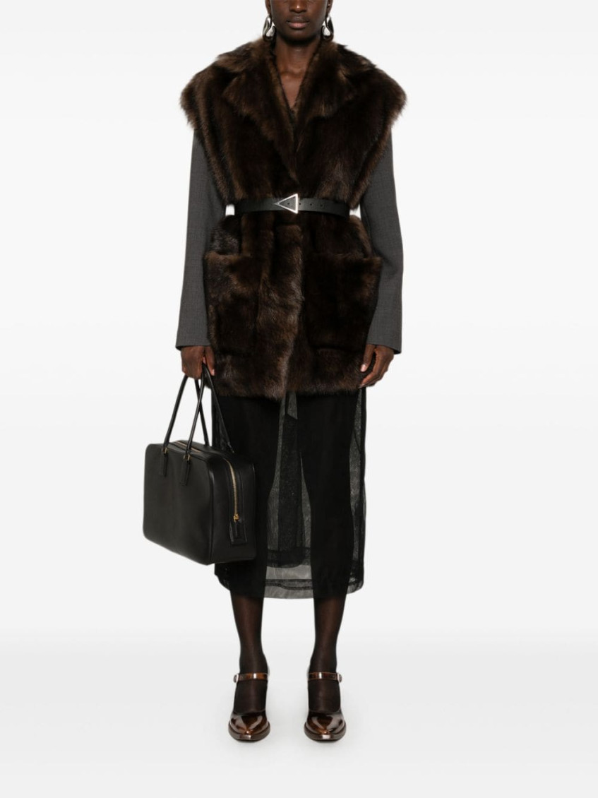 Brown Fur Sleeveless Trench Coat