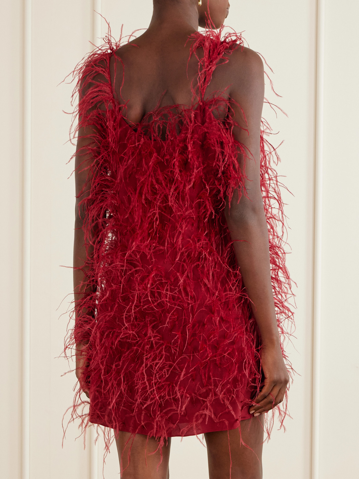 Sara Feather-trimmed Silk-crepe Mini Dress - Red