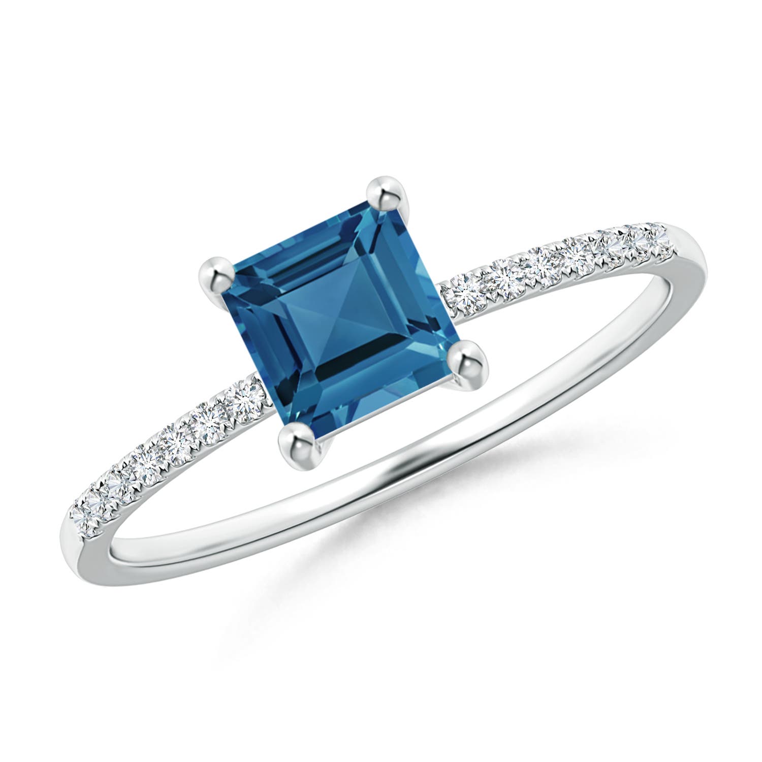 Angara 0.75 Carat Square London Blue Topaz Ring with Diamond Studded Shank in Platinum