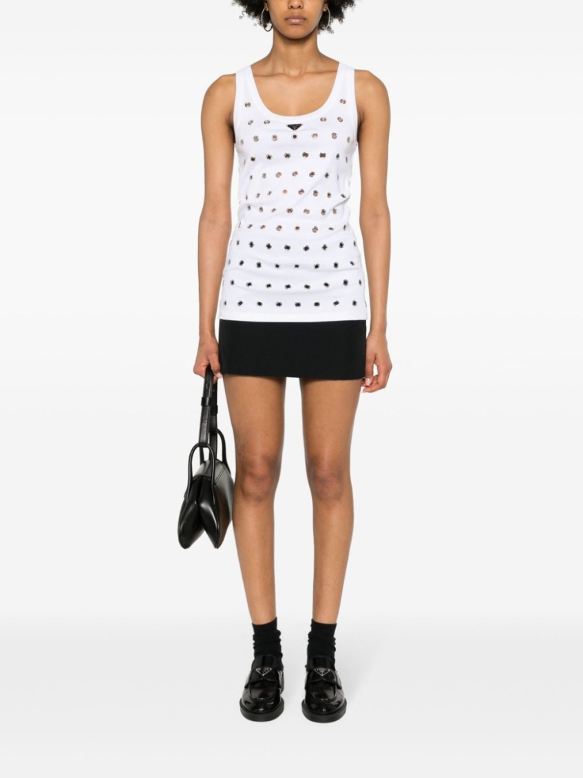 White Cotton Tank Top With Eyelets