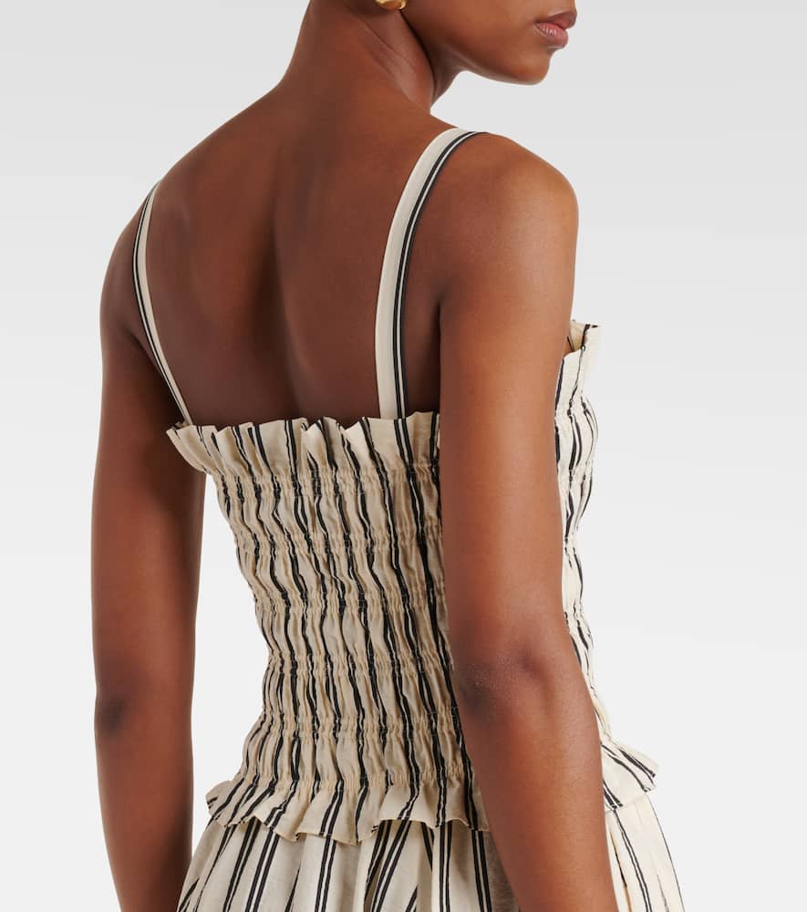 Shirred striped silk-blend midi dress
