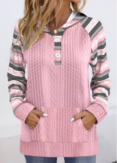 Modlily Pink Textured Fabric Multi Stripe Print Long Sleeve Hoodie