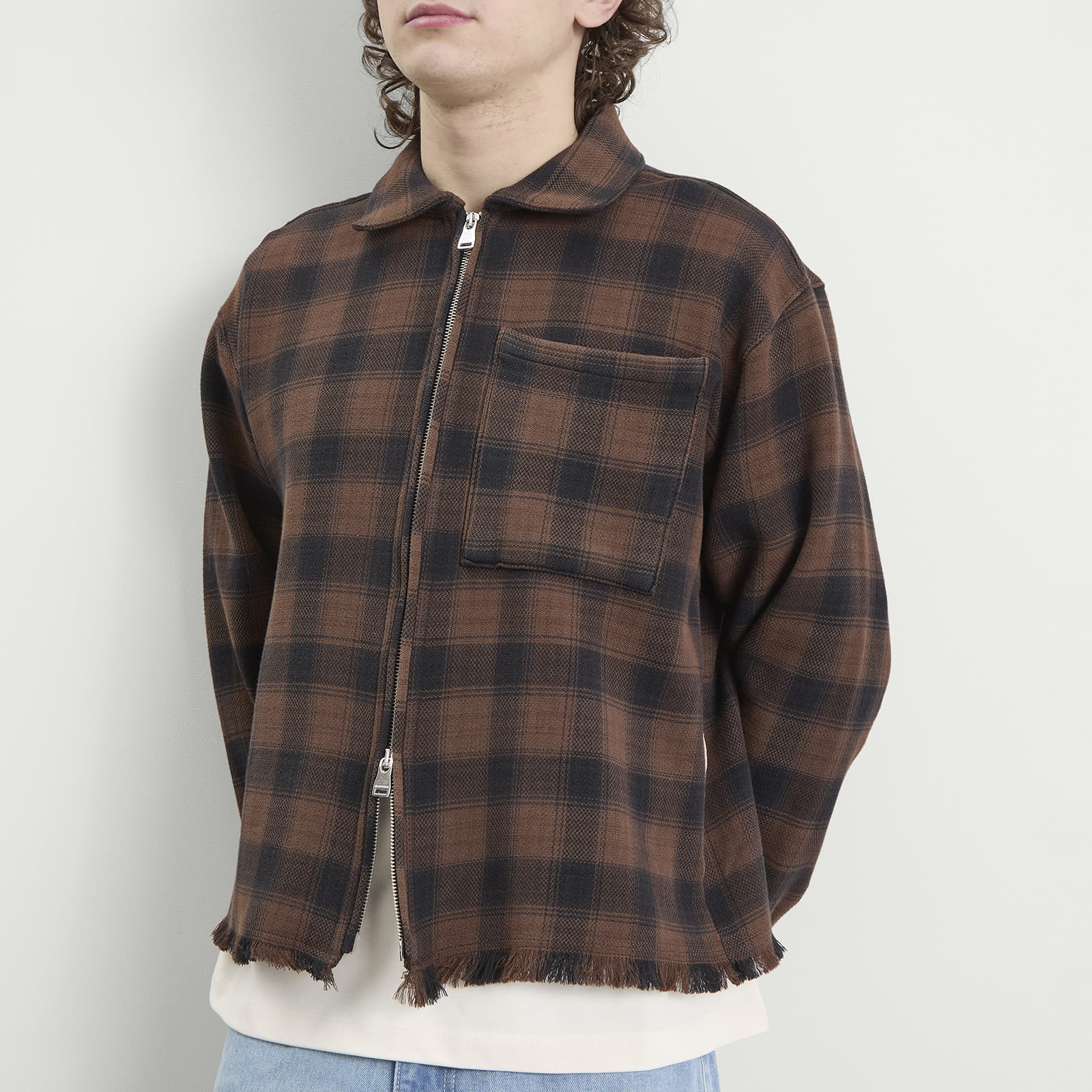 Men's Plaid Zipped Overshirt in Brown