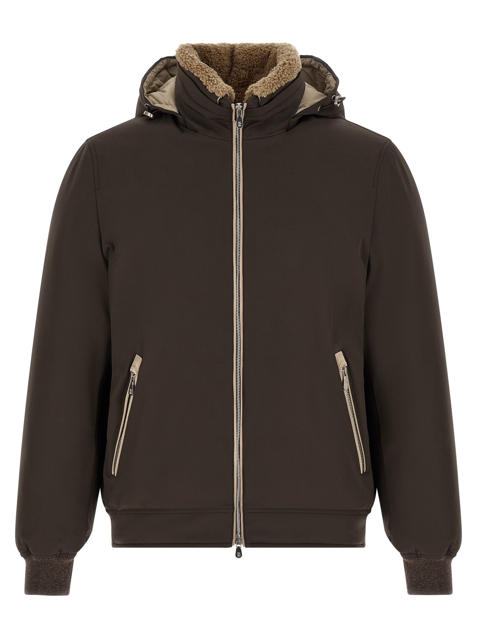 Detachable Shearling-Lined Hood Down Jacket — Brown
