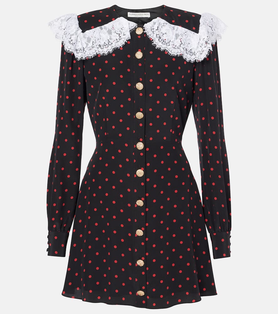 Polka-dot lace-trimmed silk minidress