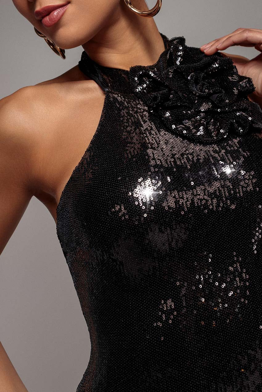 Goddiva Liquid Sequin Halterneck Mini Dress With Corsage - Black