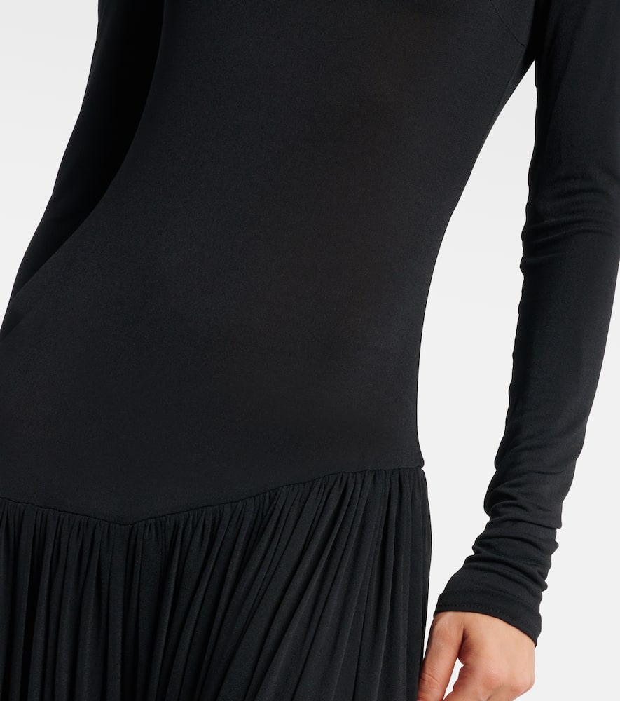 Asymmetric pleated turtleneck maxi dress