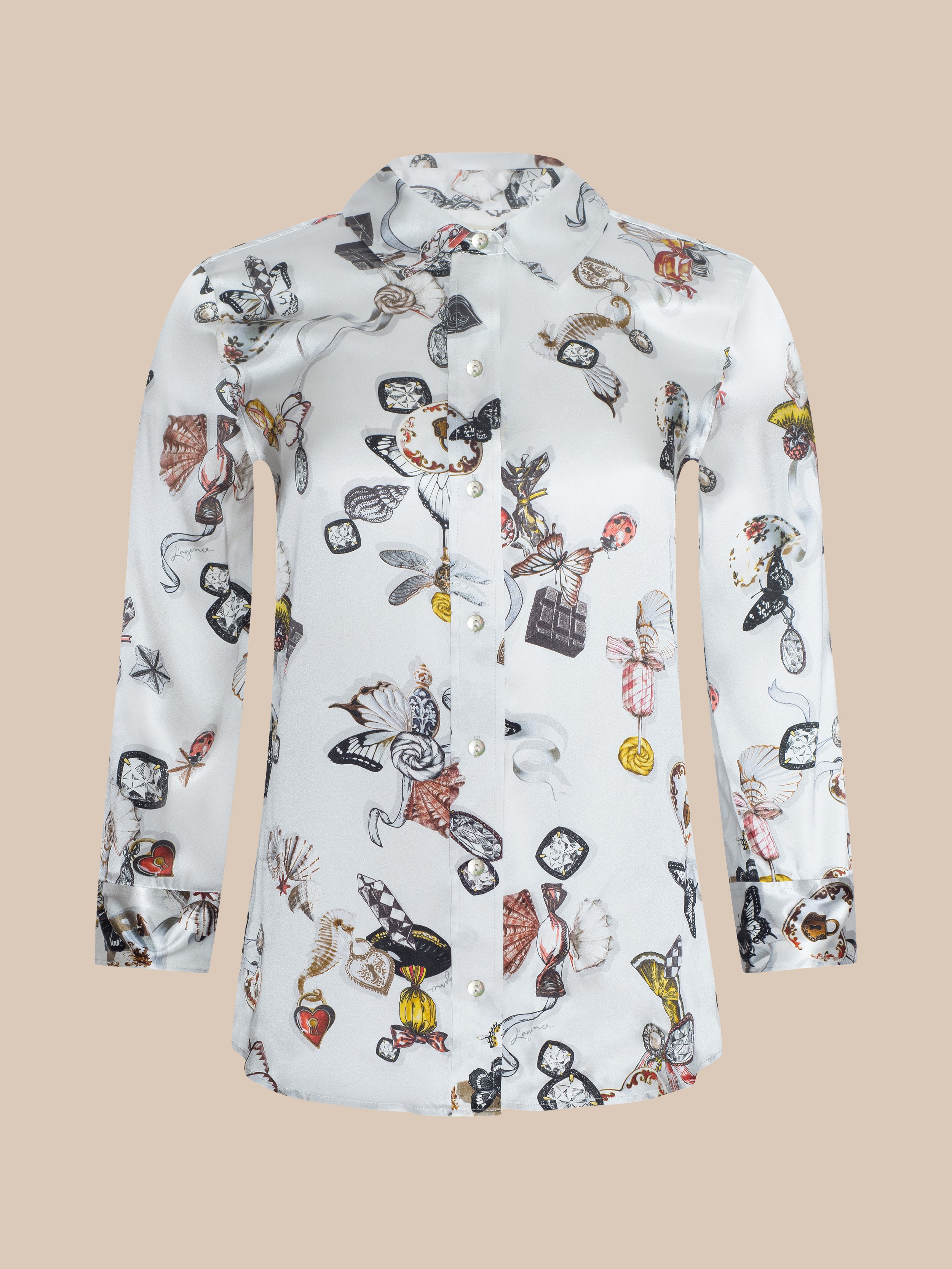 Dani Silk Blouse Top In Ecru Multi Lock Butterfly
