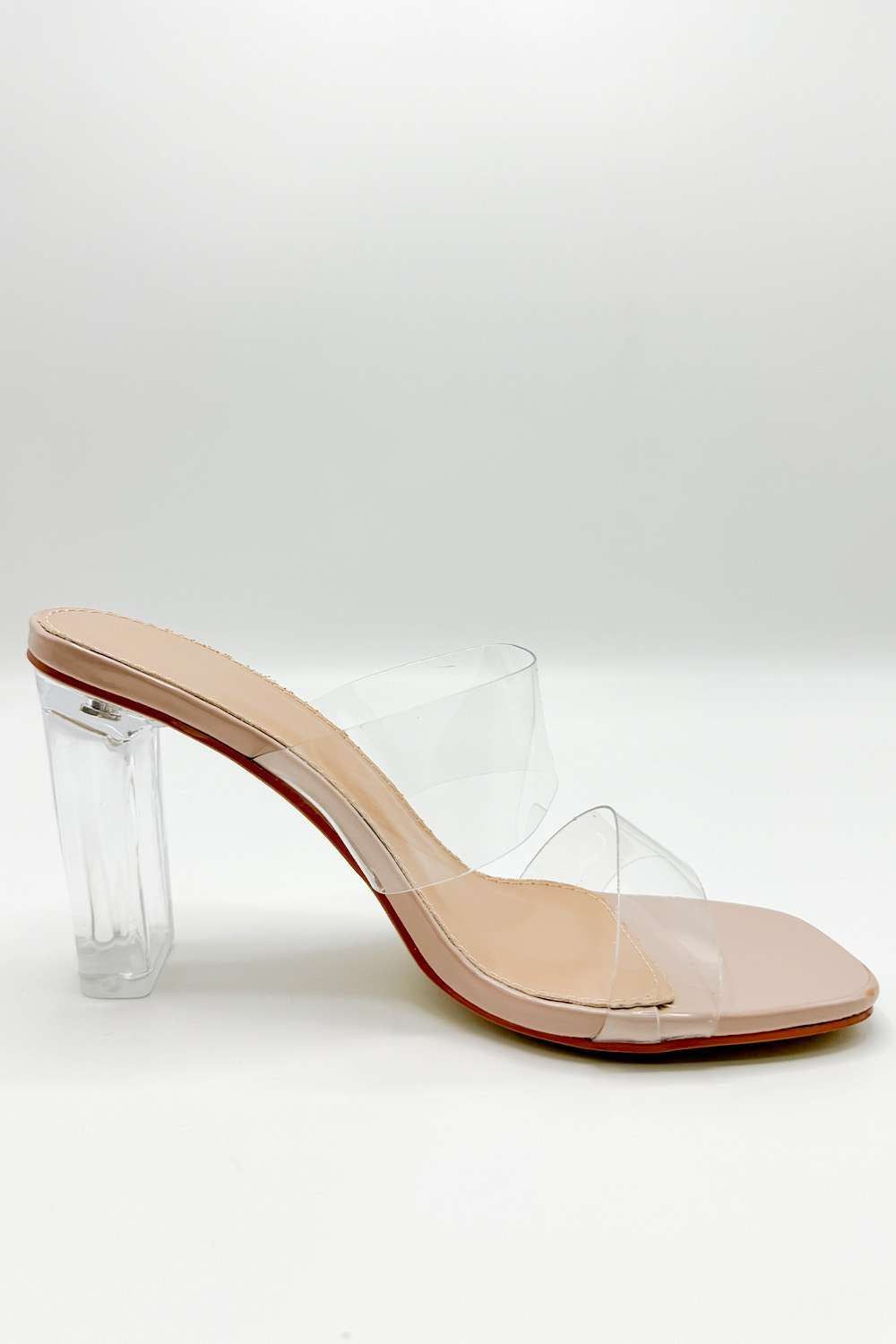 Miss Diva Yara Perspex Band Block Heel Mules In Nude