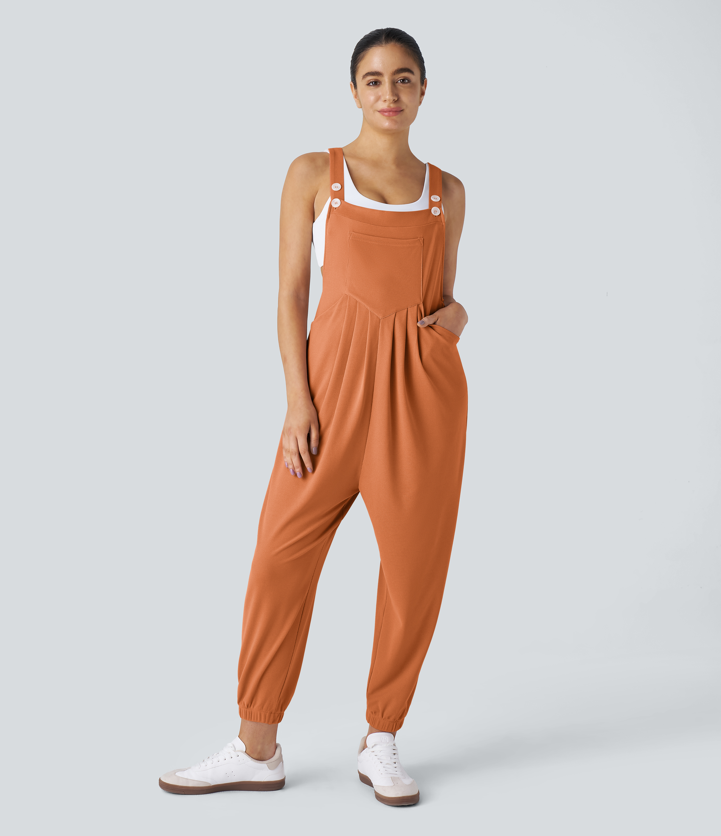 Pockets Waffle Casual Jogger Overalls  - Apricot Orange