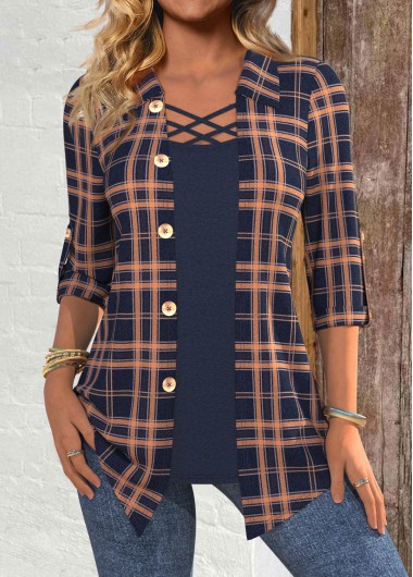 Modlily Navy Plaid 3/4 Sleeve Fake Two Piece Twinset