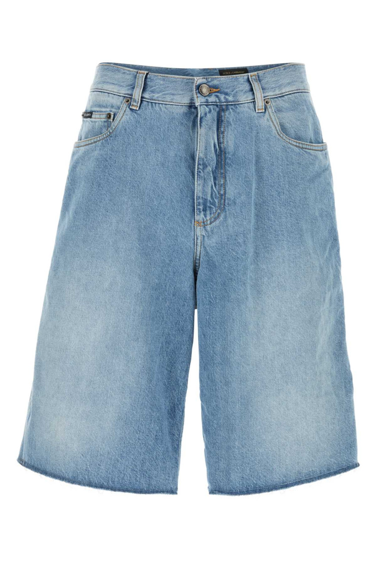 Blue Five-pocket Bermuda Shorts With Logo Patch On The Back In Denim Man