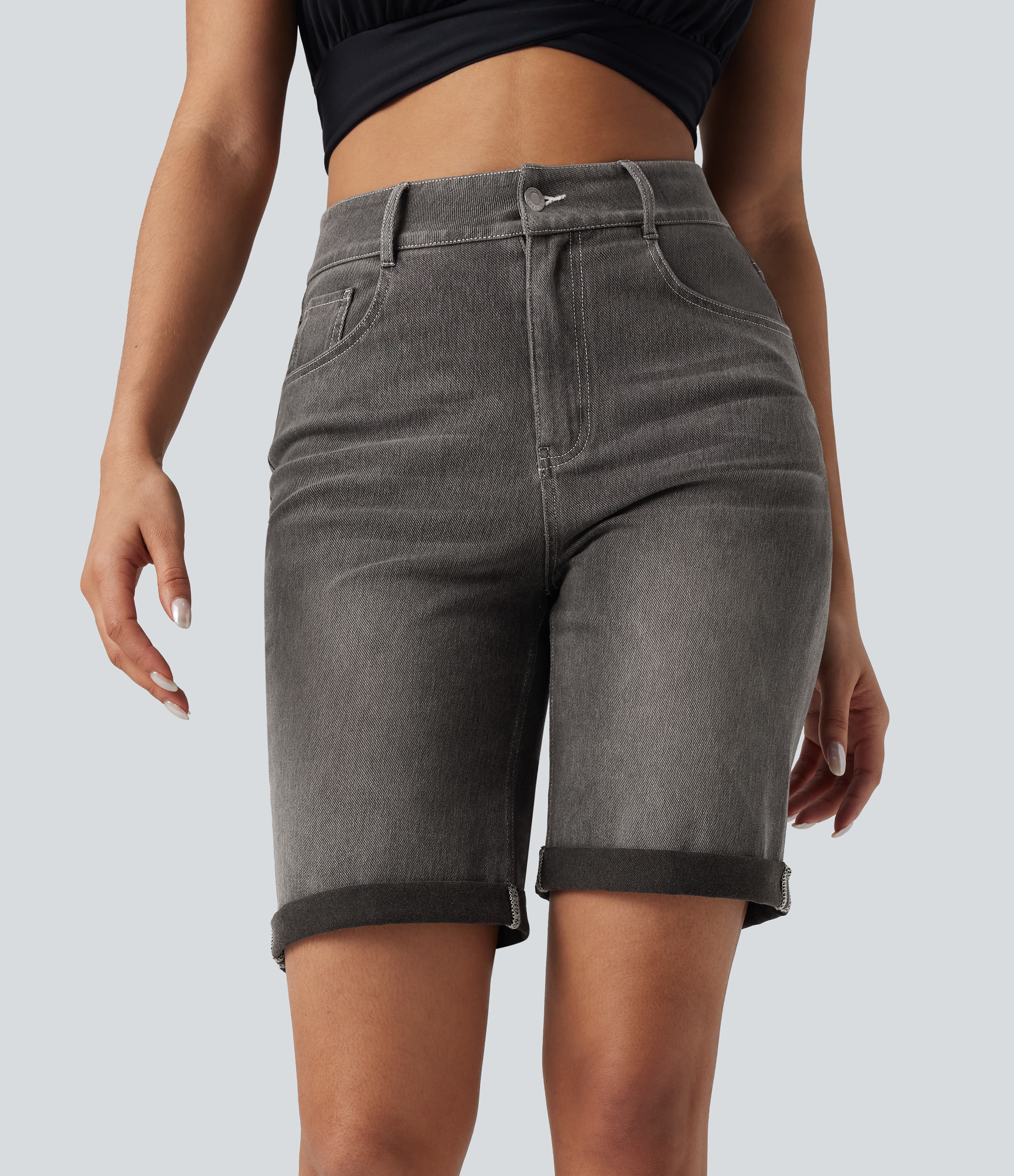 Flex™ High Waisted Pockets Rolled Hem Washed Denim Casual Bermuda Shorts  - Cool Gray Denim