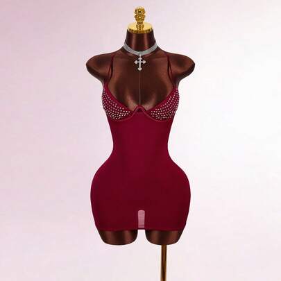 Sleeveless Rhinestone Decor Backless Criss-Cross Design Bodycon Mini Party Dress Summer Dress Spring Outfit Women Valentine's Day Beach Dress Party D