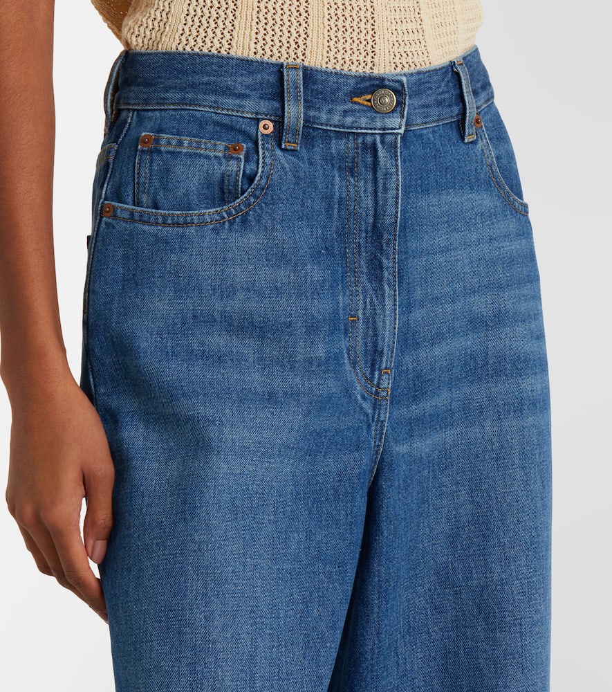 Leather-trimmed wide-leg jeans
