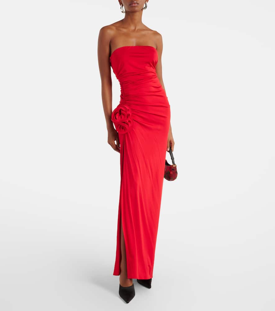 Floral-appliqué ruched jersey maxi dress