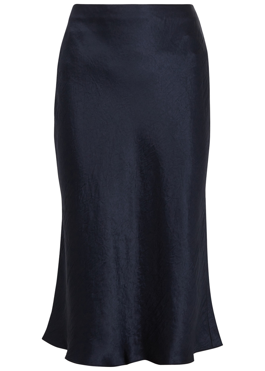 Hammered Satin Midi Skirt - Navy - XL