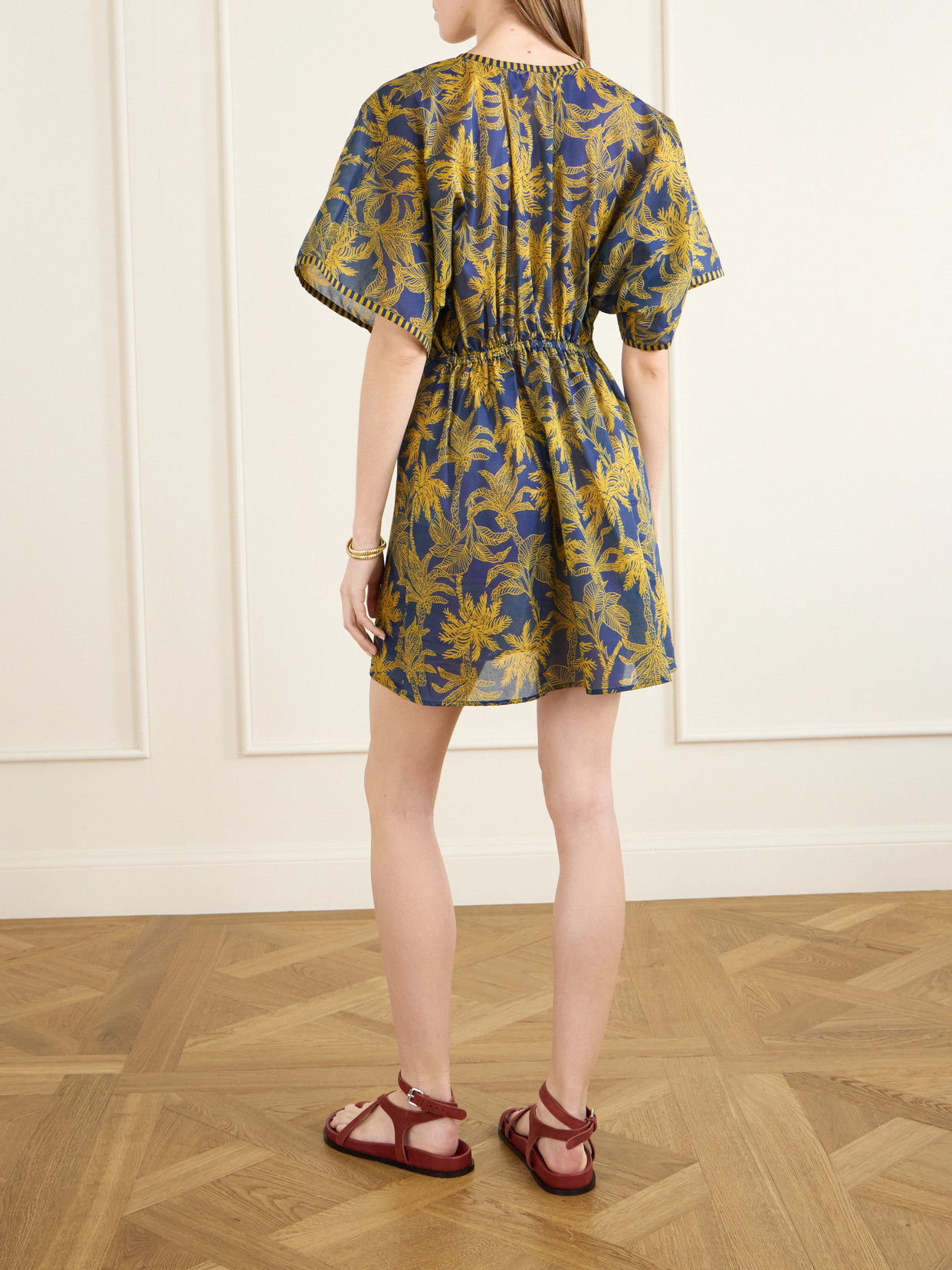 Peninsule Embellished Printed Cotton-voile Mini Dress - Blue