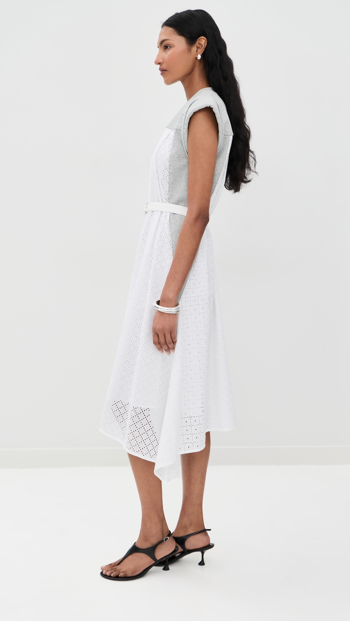 Sleeveless French Terry Midi Dress with Broderie Anglaise Lt Grey Melange/White