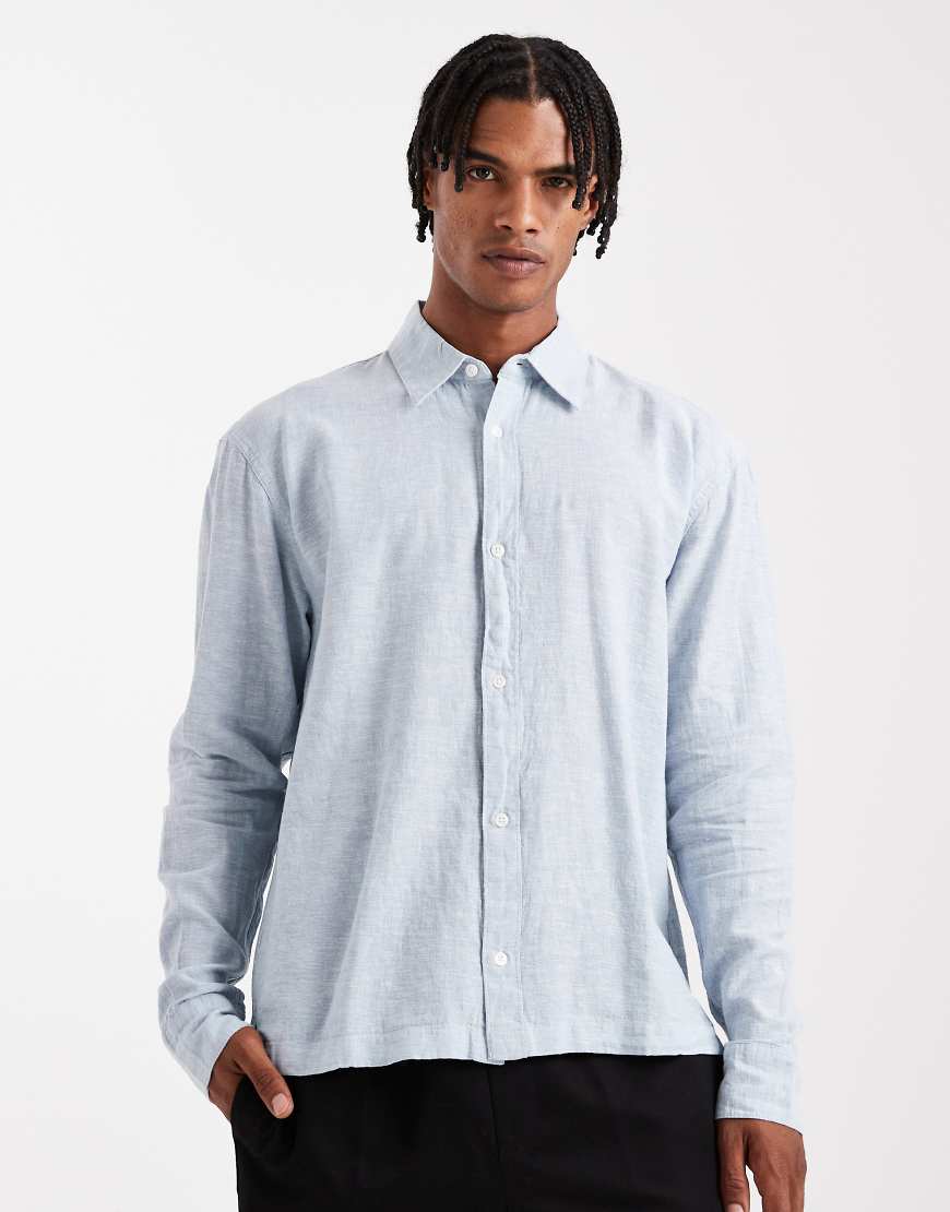 Long sleeve linen blend shirt in blue