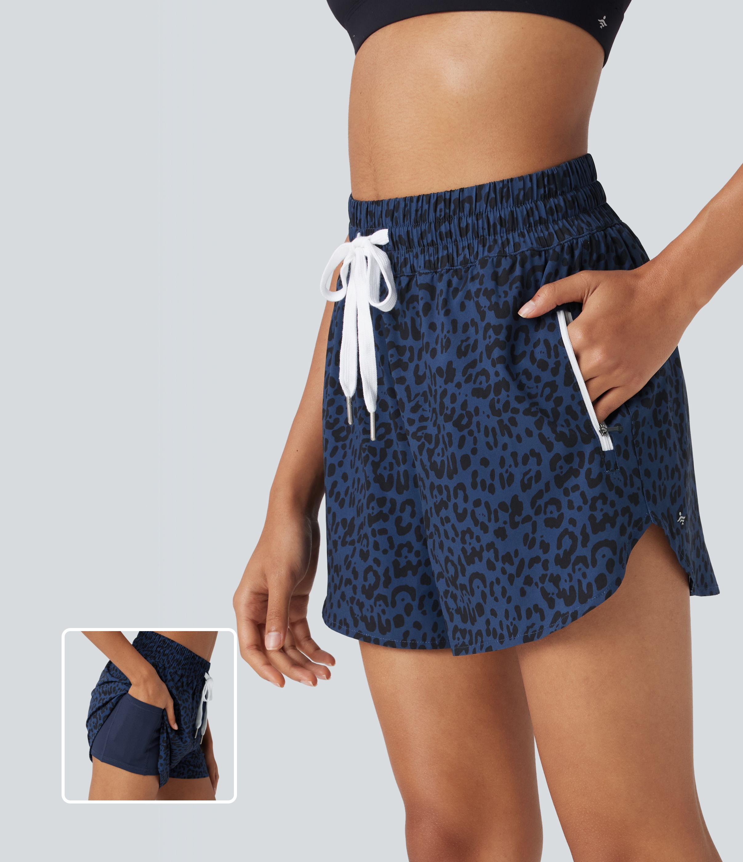 Halara High Waisted Drawstring Curved Hem Leopard Print 2-in-1 Workout Shorts with Pockets - Midnight Leopard